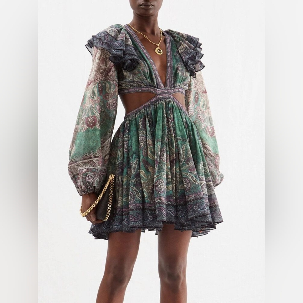 Zimmermann Green and Purple Paisley Mini vacation Dress